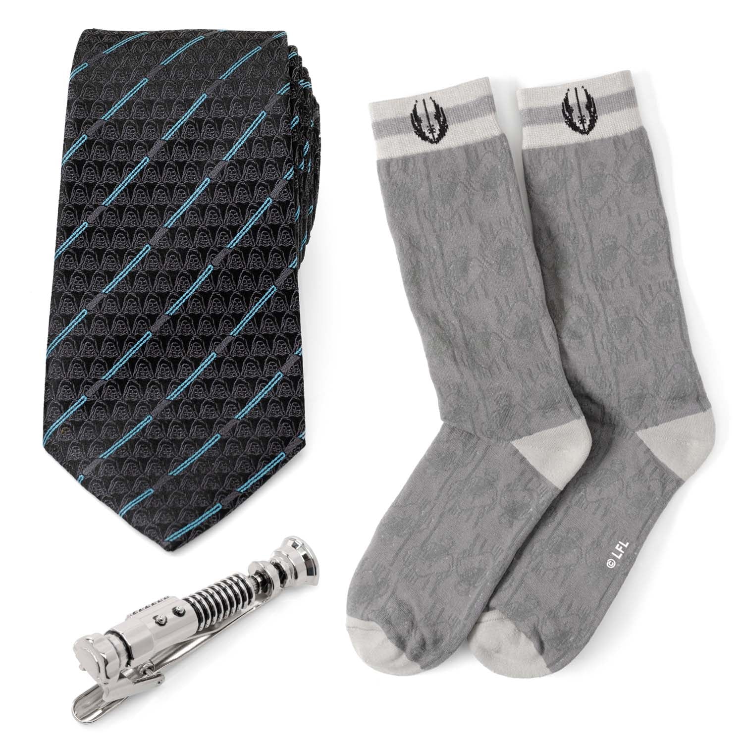 Star Wars Obi-Wan Kenobi Blue LIGHTSABER Pattern Black Tie, Tie Clip, and Gray Jedi Crest Dress Socks Gift Set - My Men's Shop