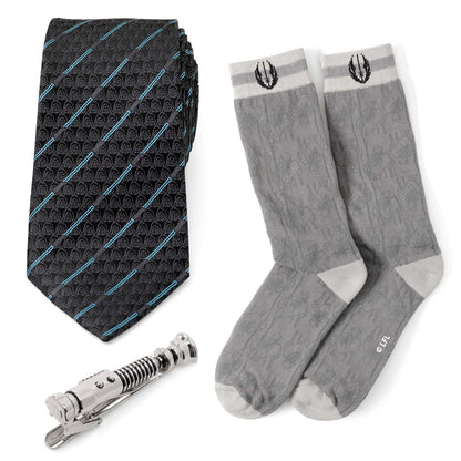 Star Wars Obi-Wan Kenobi Blue LIGHTSABER Pattern Black Tie, Tie Clip, and Gray Jedi Crest Dress Socks Gift Set - My Men's Shop