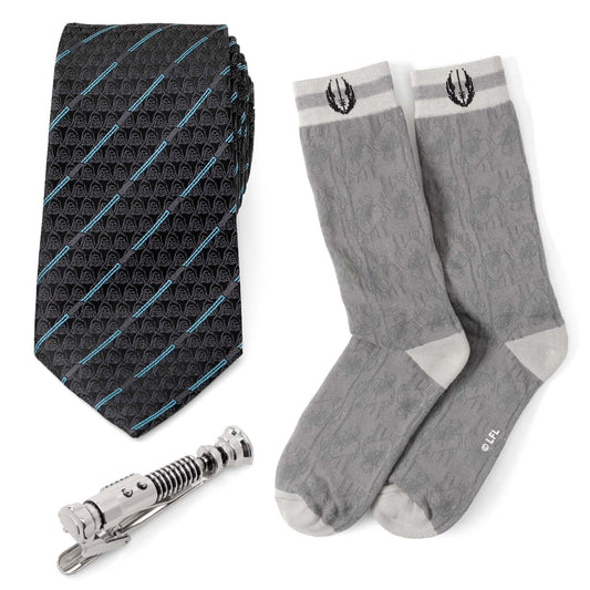 Star Wars Obi-Wan Kenobi Blue LIGHTSABER Pattern Black Tie, Tie Clip, and Gray Jedi Crest Dress Socks Gift Set - My Men's Shop