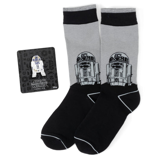 Set de regalo de calcetines y pin de solapa Star Wars R2-D2 para hombre, en gris y negro