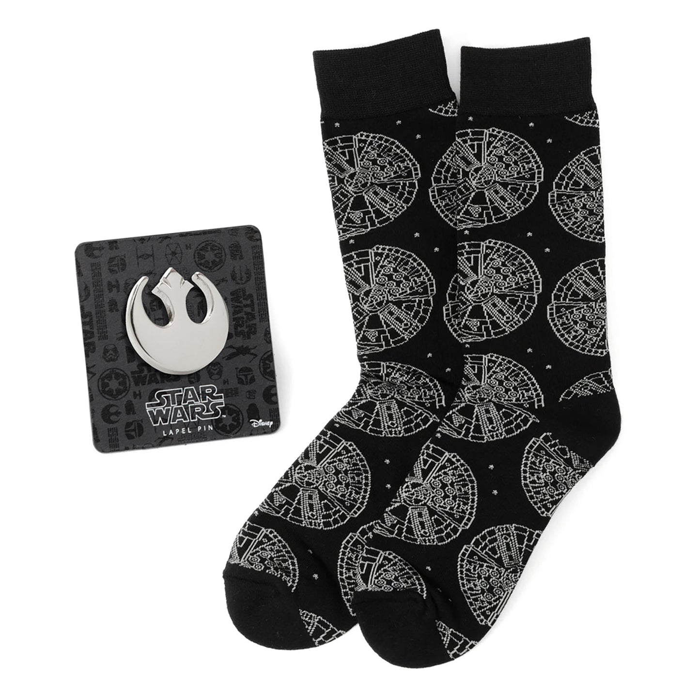 Calcetines de vestir negros y pin de solapa de Star Wars Millennium Falcon - Set de regalo
