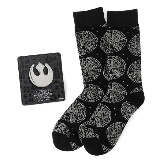 Calcetines de vestir negros y pin de solapa de Star Wars Millennium Falcon - Set de regalo