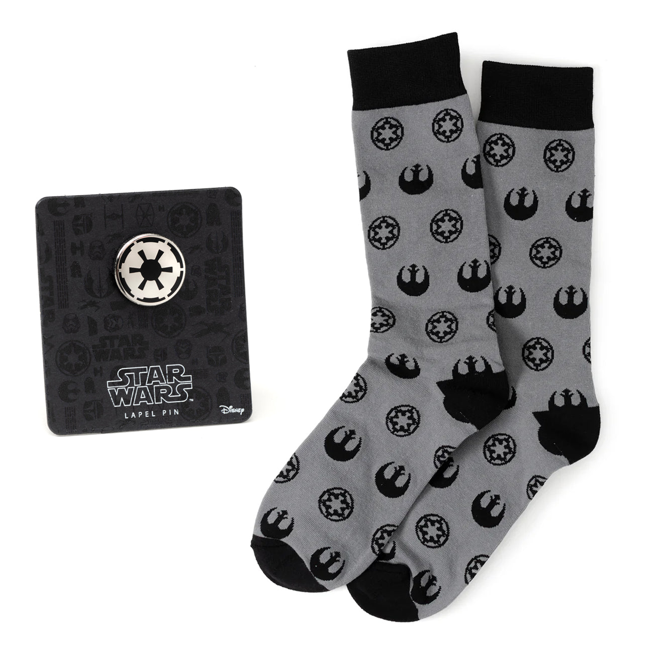 Juego de regalo de pines de solapa y calcetines grises con el emblema de Starbird de la Alianza Rebelde de Star Wars y el emblema imperial