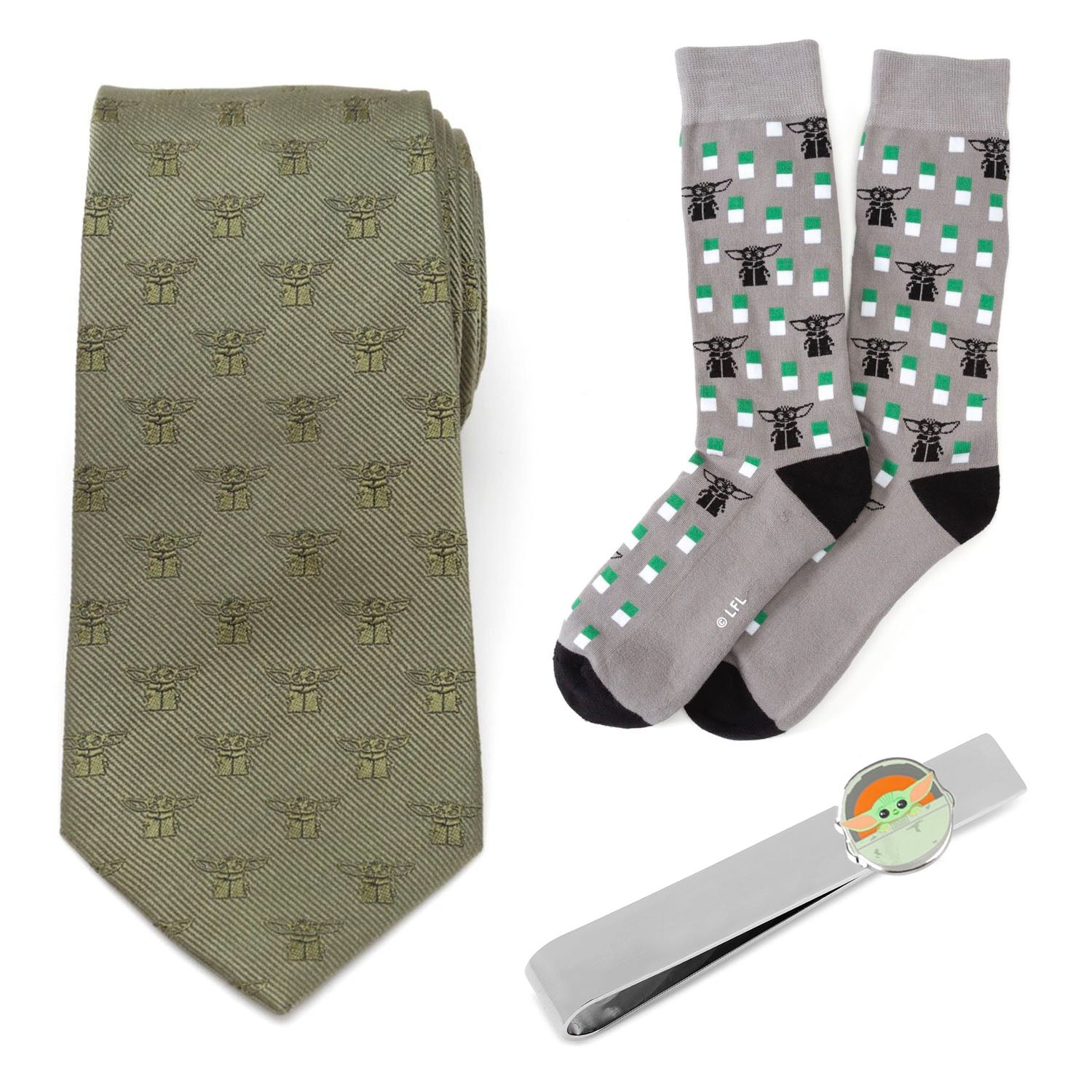 Star Wars Grogu Green Tie, Gray Dress Socks, and Tie Bar Gift Set - My Men's Shop