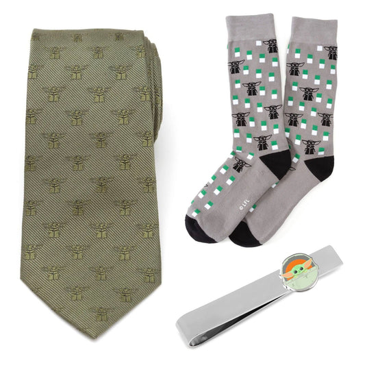 Star Wars Grogu Green Tie, Gray Dress Socks, and Tie Bar Gift Set - My Men's Shop