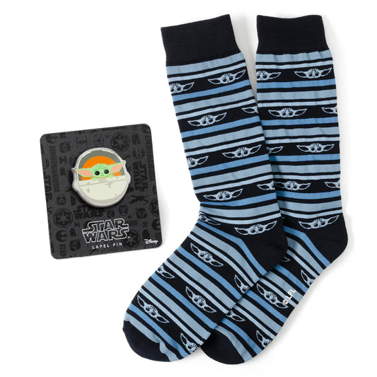 Calcetines de vestir a rayas azules y pin de solapa de Grogu de Star Wars - Set de regalo
