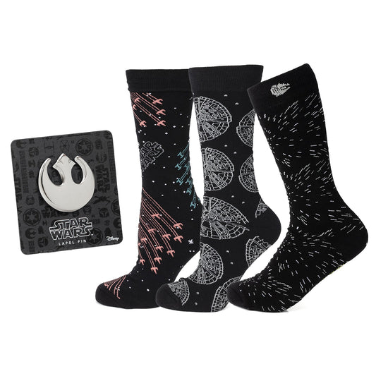 Set de regalo de 3 pares de calcetines y pin de solapa de transporte de Star Wars