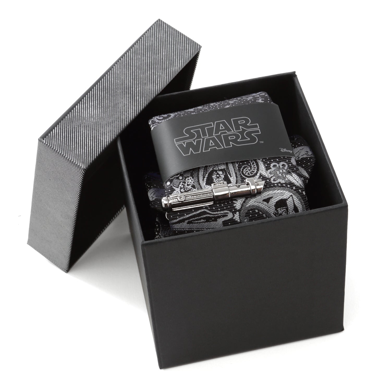Star Wars Darth Vader Black and Gray Paisley Tie and LIGHTSABER Tie Clip Gift Set - My Men's Shop