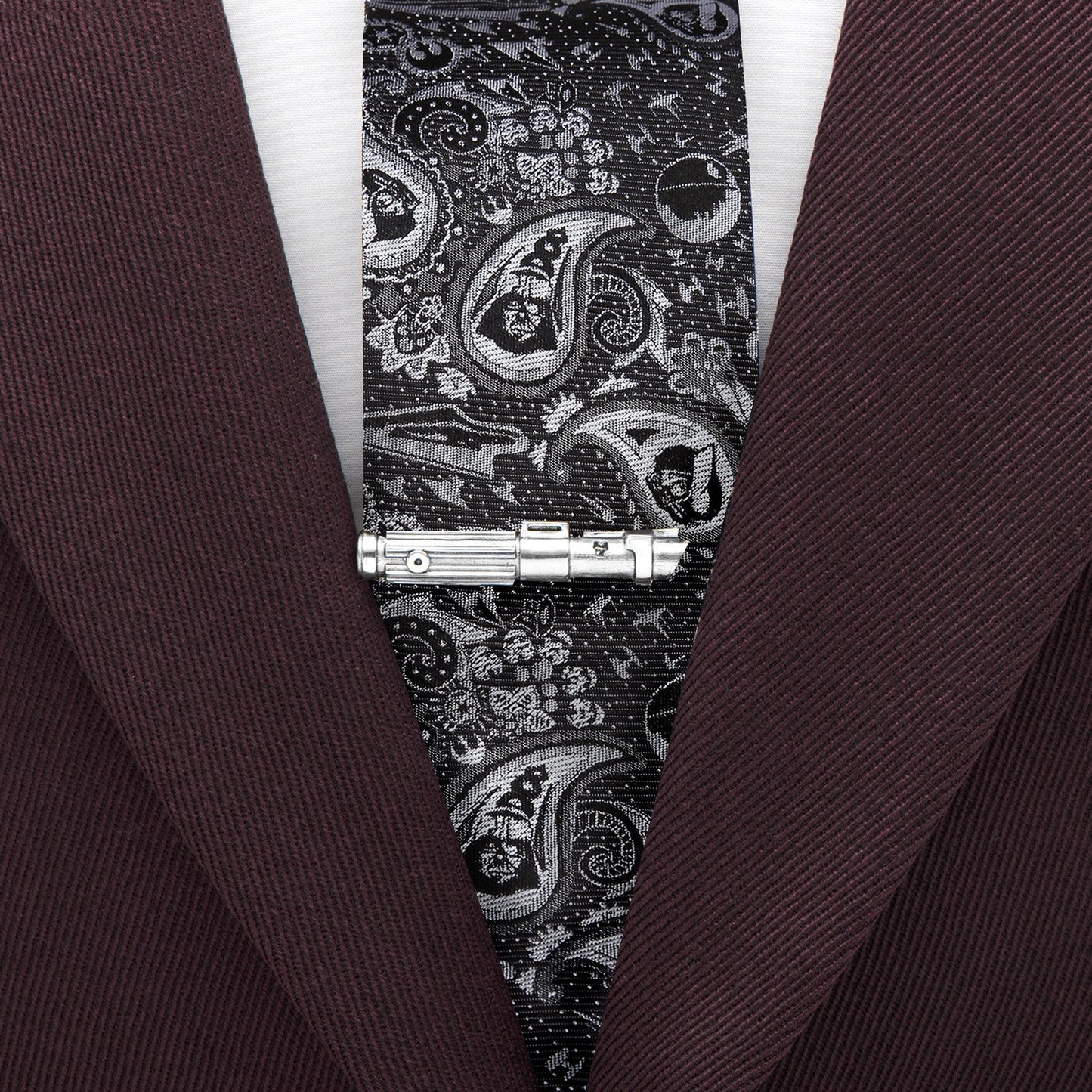 Star Wars Darth Vader Black and Gray Paisley Tie and LIGHTSABER Tie Clip Gift Set - My Men's Shop