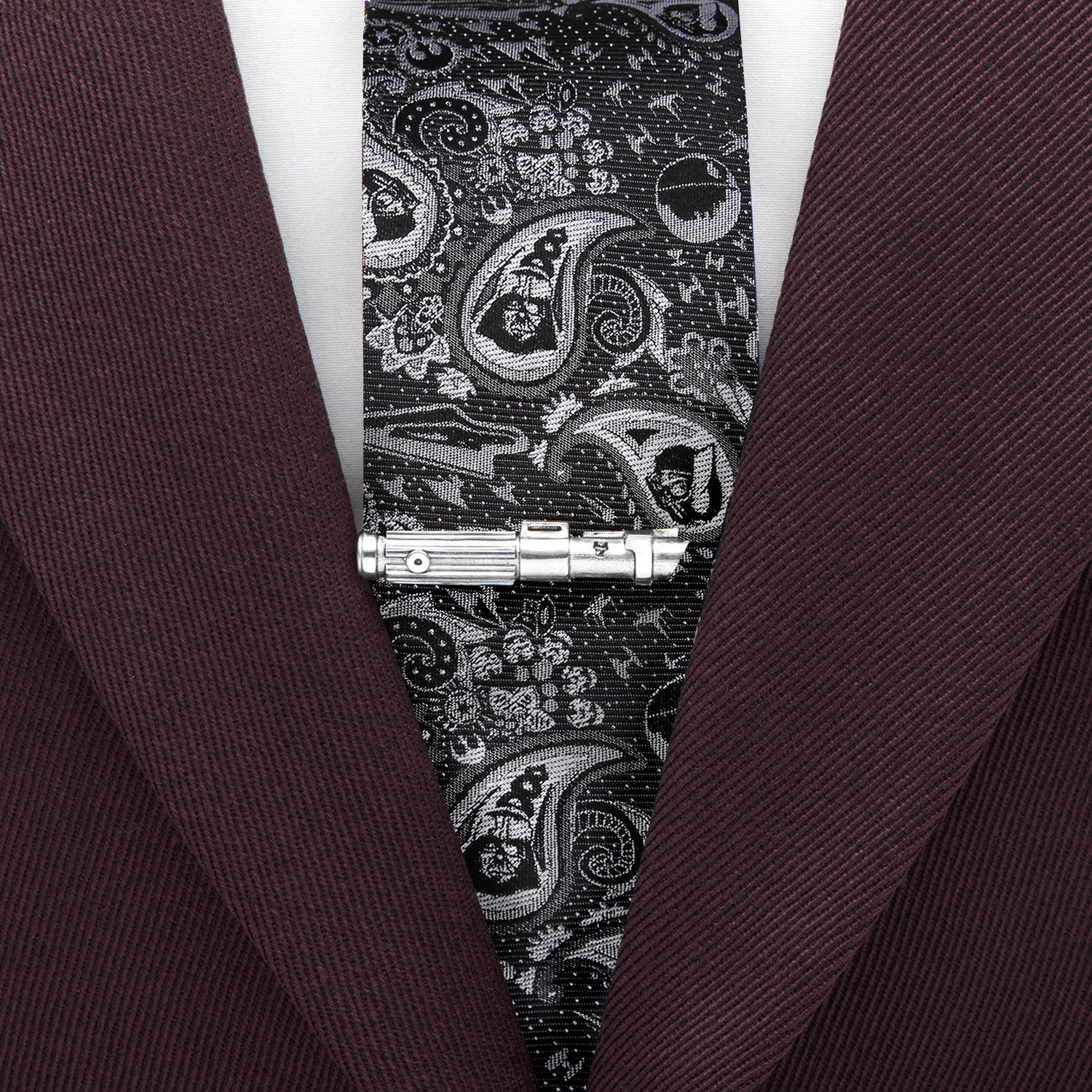 Star Wars Darth Vader Black and Gray Paisley Tie and LIGHTSABER Tie Clip Gift Set - My Men's Shop