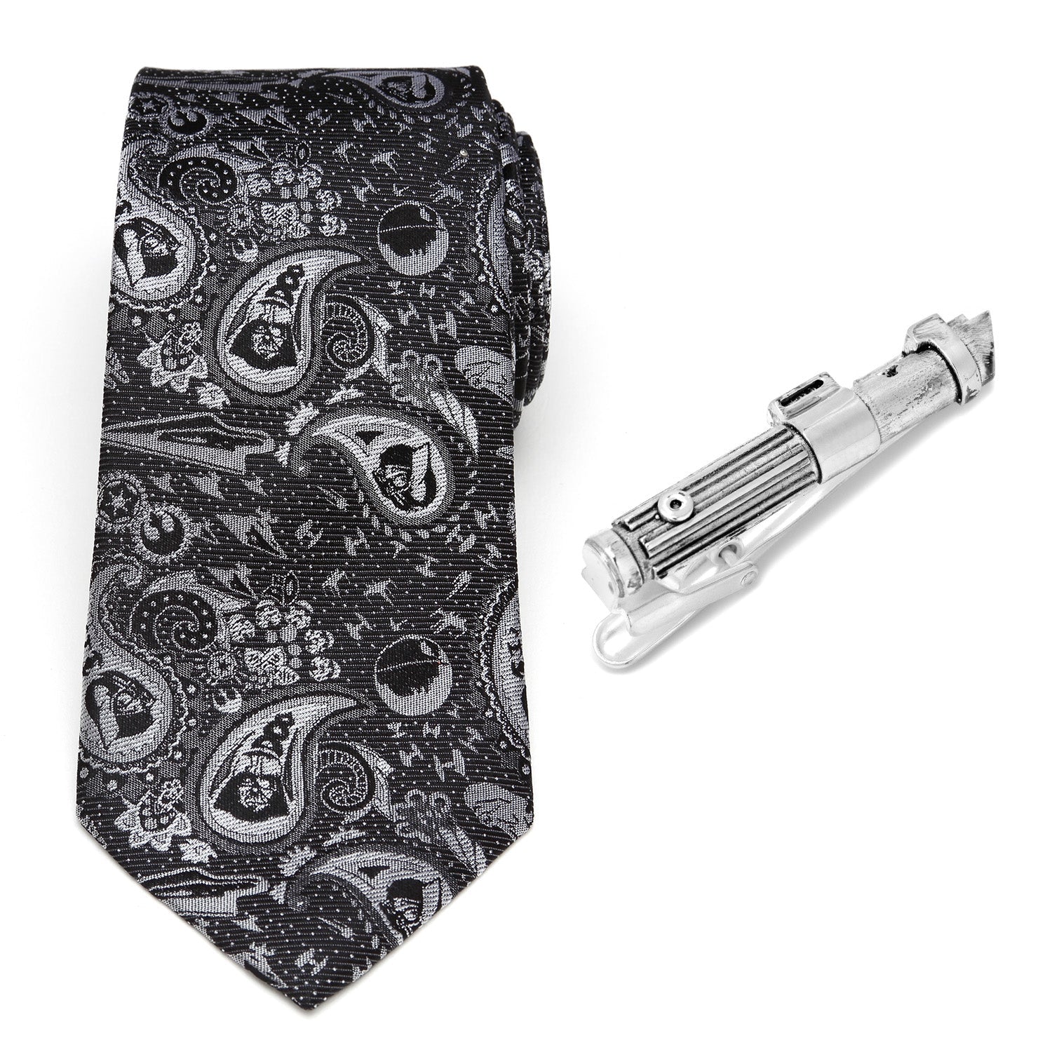 Star Wars Darth Vader Black and Gray Paisley Tie and LIGHTSABER Tie Clip Gift Set - My Men's Shop