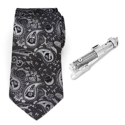 Star Wars Darth Vader Black and Gray Paisley Tie and LIGHTSABER Tie Clip Gift Set - My Men's Shop