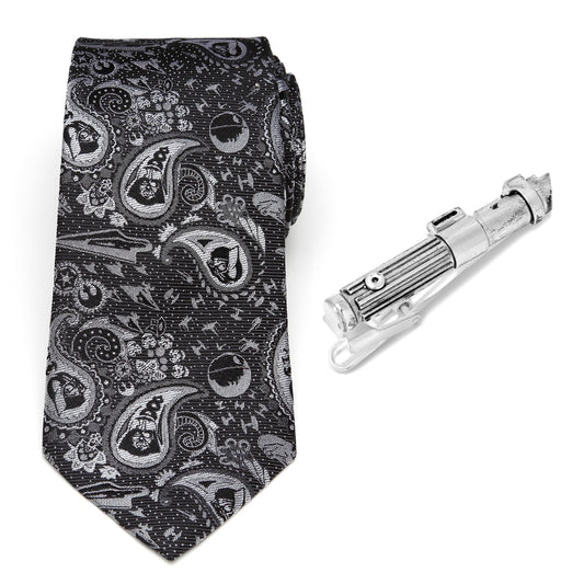 Star Wars Darth Vader Black and Gray Paisley Tie and LIGHTSABER Tie Clip Gift Set - My Men's Shop