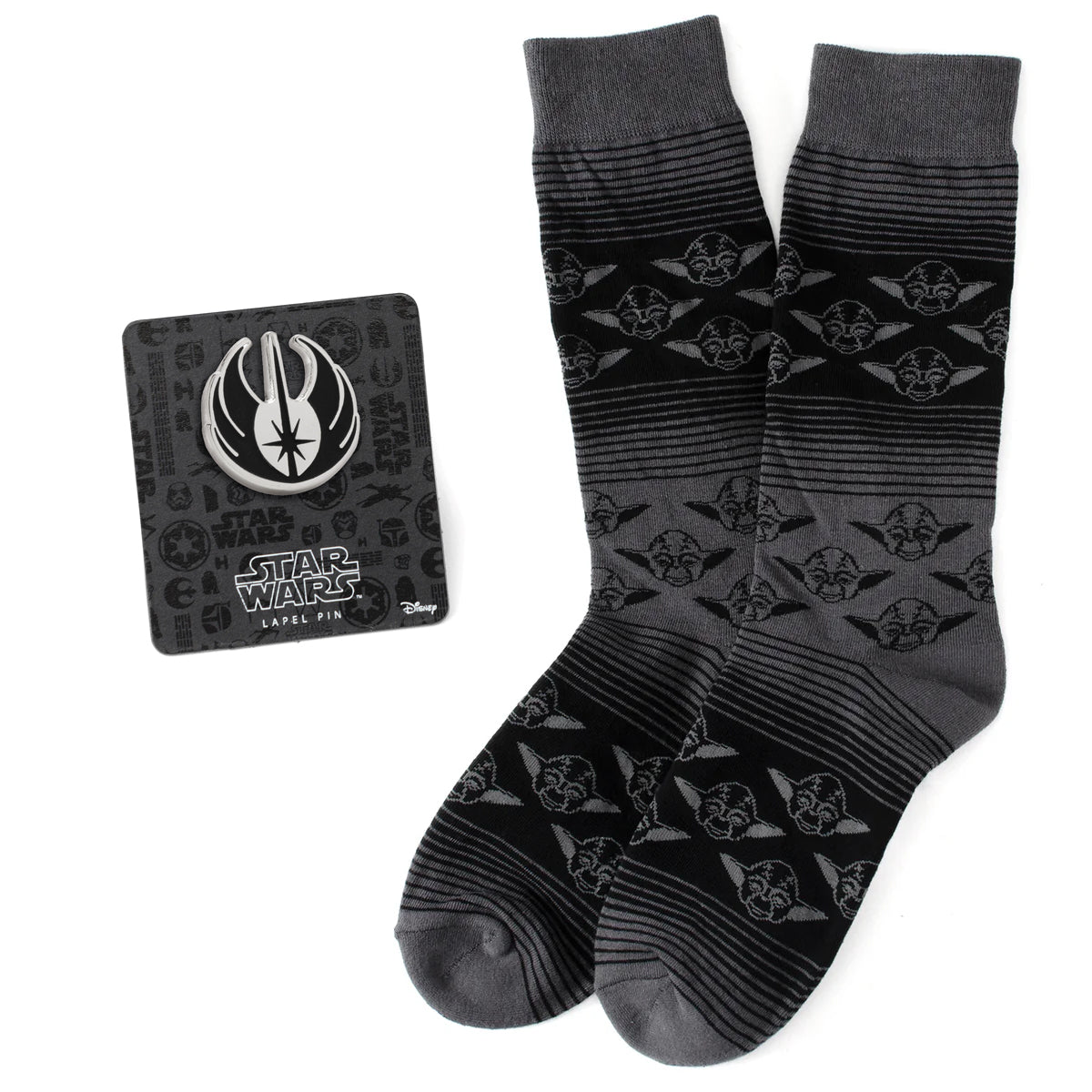 Calcetines de vestir de carbón negro de Yoda de Star Wars y set de regalo de pin de solapa del escudo Jedi