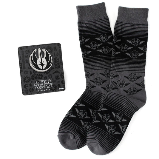Calcetines de vestir de carbón negro de Yoda de Star Wars y set de regalo de pin de solapa del escudo Jedi
