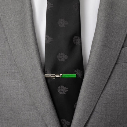 Set de regalo de corbata verde y azul con estampado de cachemira de Yoda de Star Wars y pasador de corbata con forma de SABLE DE LUZ
