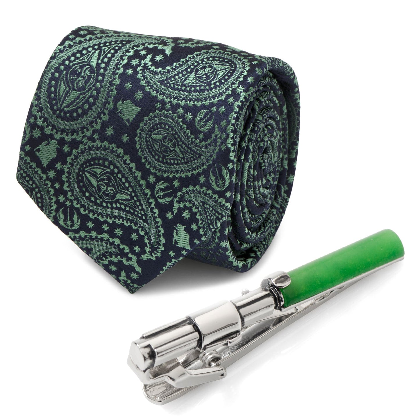 Star Wars Yoda Green and Blue Paisley Tie and LIGHTSABER Tie Clip Gift Set - My Men's Shop