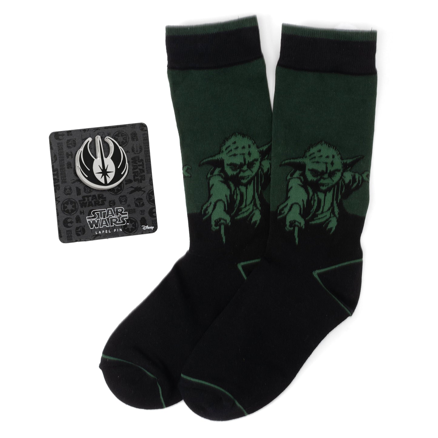 Juego de regalo de calcetines verdes de Yoda de Star Wars y pin de solapa del emblema de la Orden Jedi