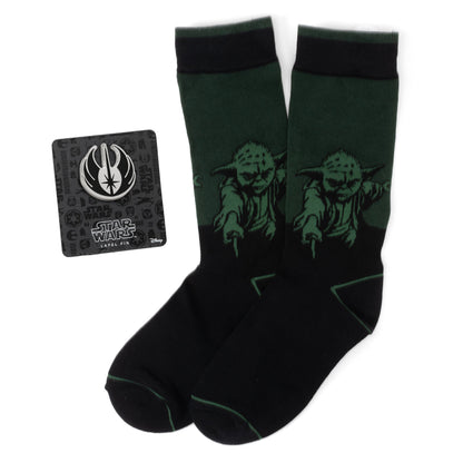 Juego de regalo de calcetines verdes de Yoda de Star Wars y pin de solapa del emblema de la Orden Jedi