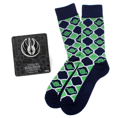 Star Wars Yoda Green and Navy Checkered Dress Socks and Jedi Crest Lapel Pin Gift Set - My Men's Shop