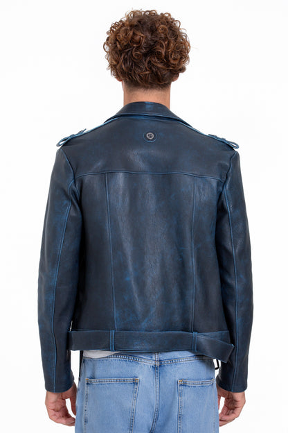 The Shanghai Blue Aged Leather Biker Men Jacket