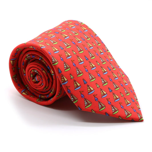 Sailboat Red Necktie with Handkerchief Set