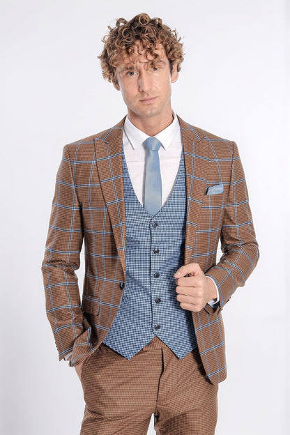 Checked Patterned Slim Fit Brown Men Suit - Wessi
