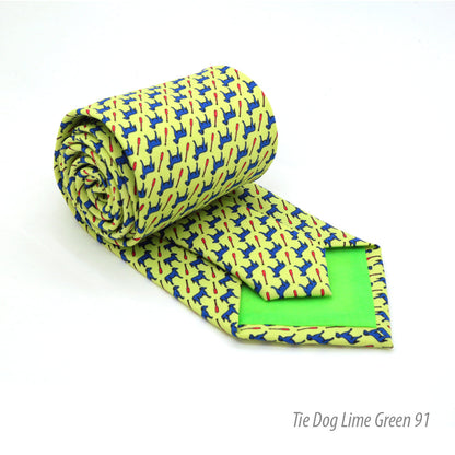 Dog Lime Green Necktie with Handkerchief Set