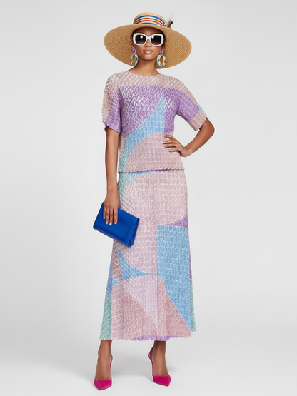 Traje de dos piezas con top en contraste de color y falda plisada para mujer, Midtown, BYMANYC Nueva York.