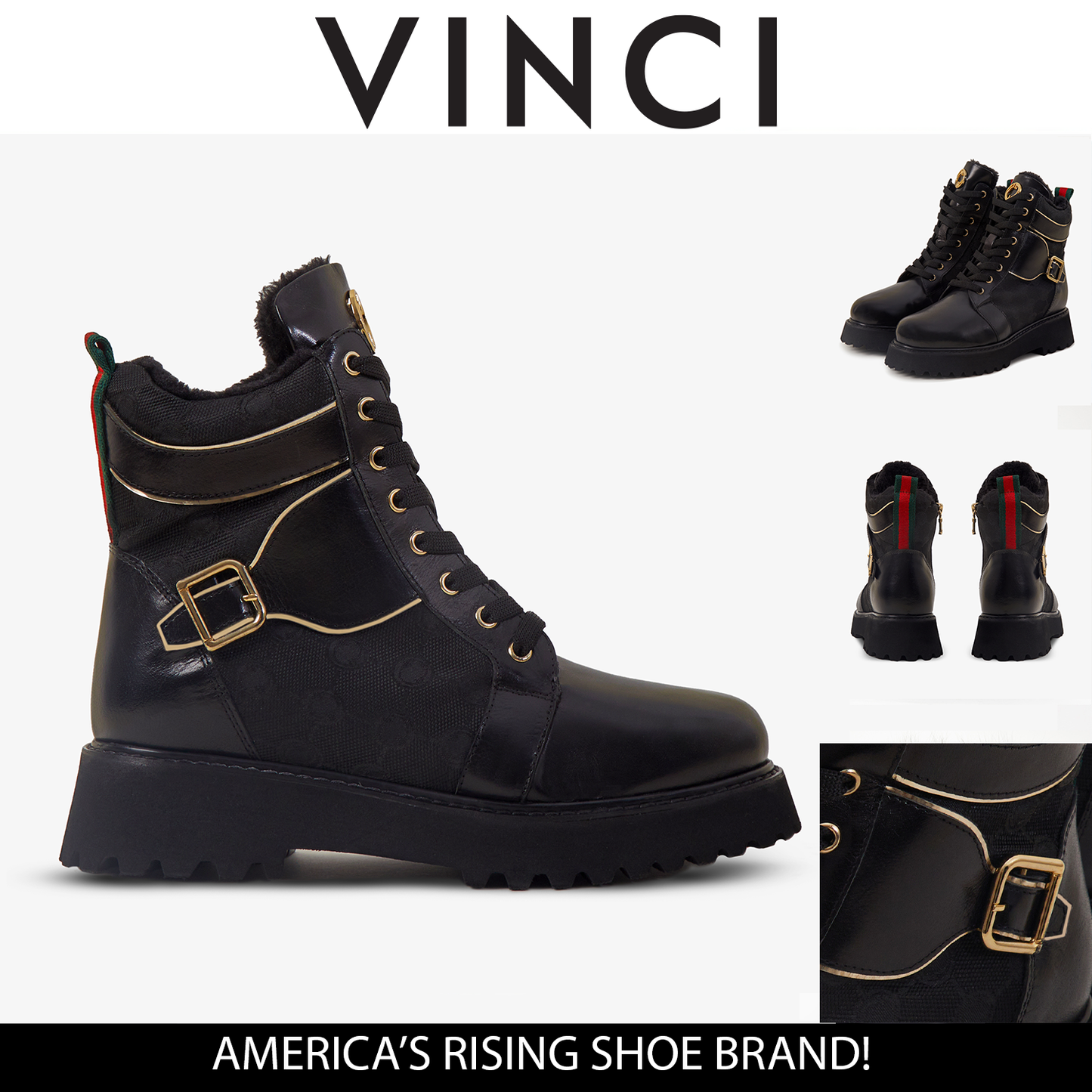 The Boston Black Leather Lace-Up Ankle Women Boot With a Side Zipper