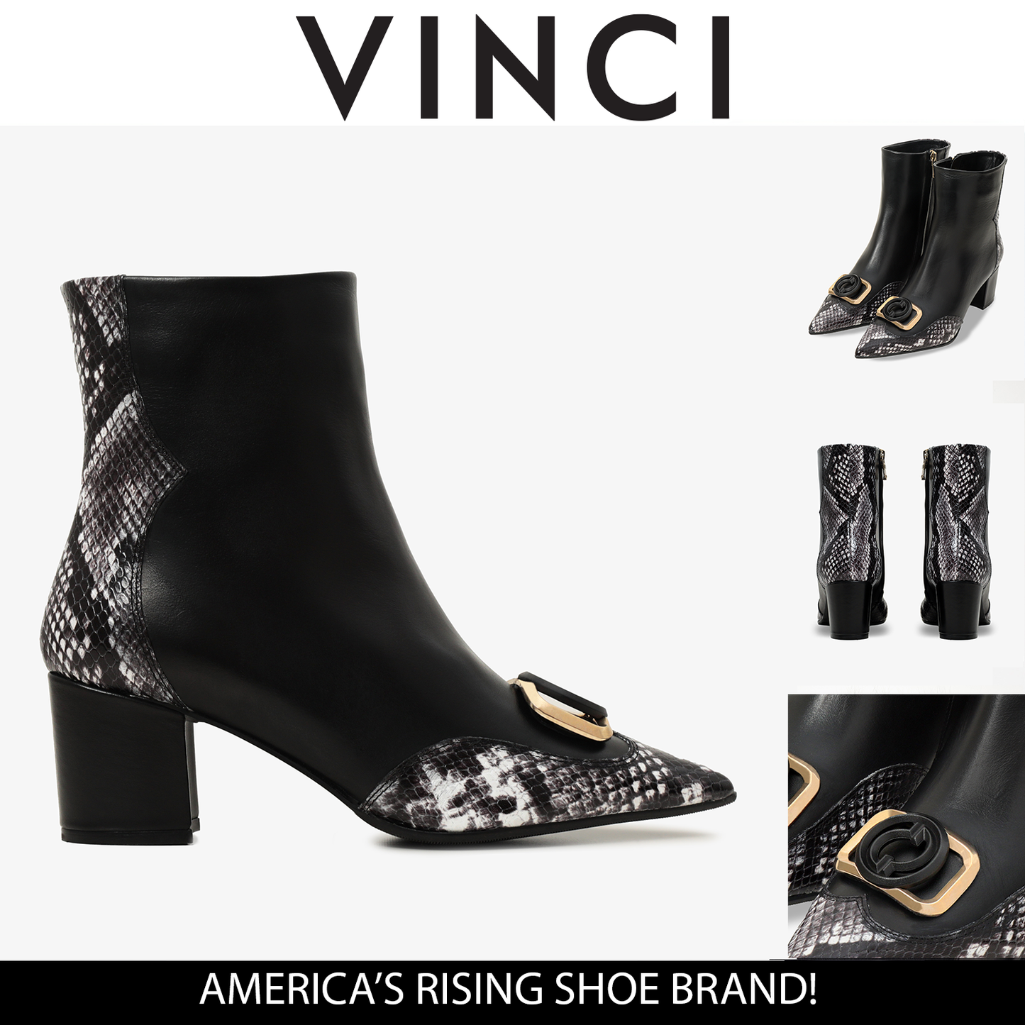 The Gray Black & White Leather Block Heel Women Boot