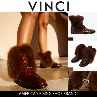 The Izmir Brown Patent Leather Natural Fur Mid Calf Women Boot