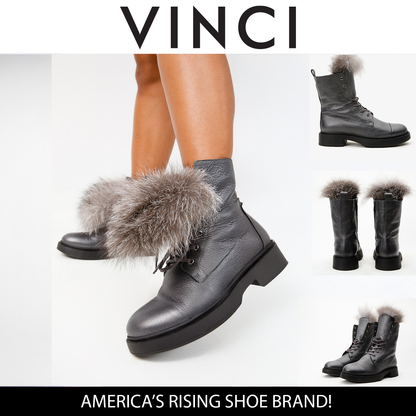 The Kajapati Gray Leather Natural Fur Mid Calf Women Boot