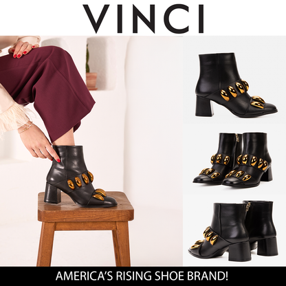 The Eclipse Black & Gold Leather Block Heel Women Boot