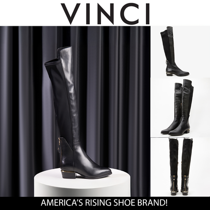 The Fairoks Black Leather Pointy Toe Knee High Women Boot