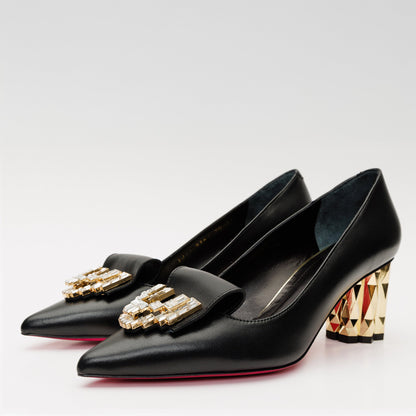 The Love Black Leather Block Heel Pump Women Shoe