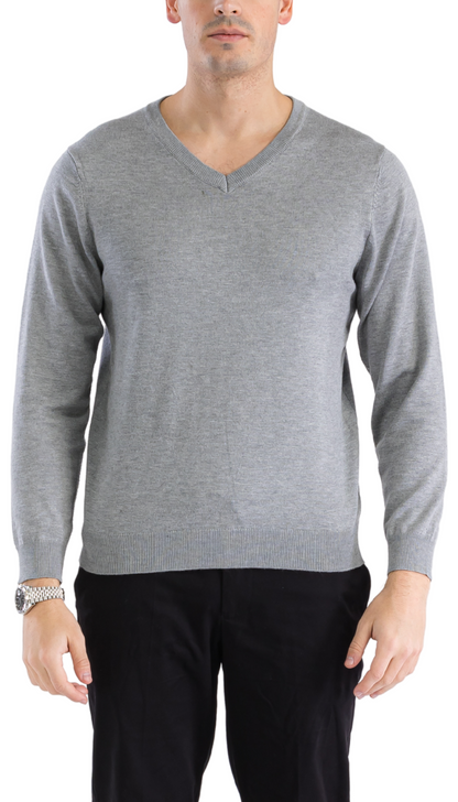 Sam Jacobi Mens Pullover Grey Knitted Sweater V-neck Stylish Knitwear Long Sleeve Casual Slim Fit