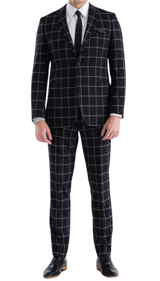 Copper Black Mens 2 Button Slim Notch Lapel Suit With Pick Stitching "U" Shaped Vest Double Breasted