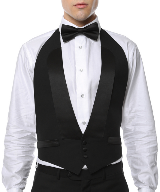 Premium Black 100% Wool Backless Tuxedo Vest / FIT ALL (S-XL) W SATIN BOW TIE
