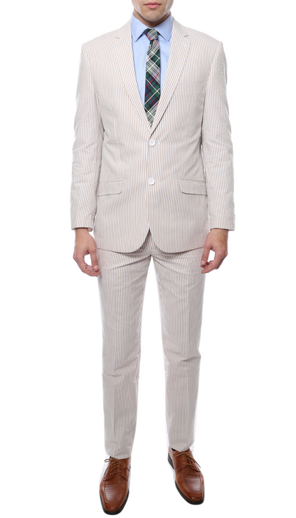Men's Slim Fit Two Button Tan Seersucker Suit