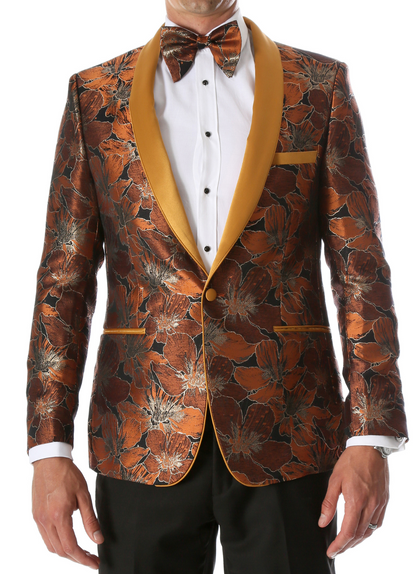 Men's Hugo Rust Floral Modern Fit Shawl Collar Tuxedo Blazer
