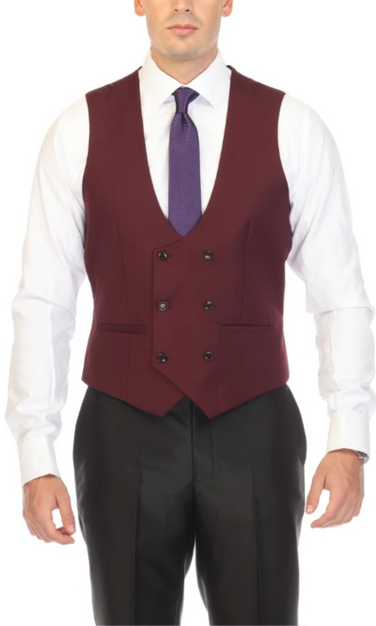 Men's Burgundy Double Breasted Vest Set - Cruz Adjustable Wedding Waistcoat with Bow Tie, Necktie & Pocket Square, Sizes 36-54 | Ferrecci