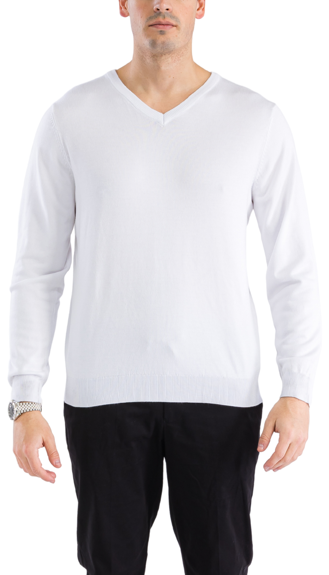 Sam Jacobi Men's Pullover White Knitted Sweater V-neck Stylish Knitwear Long Sleeve Casual Slim Fit