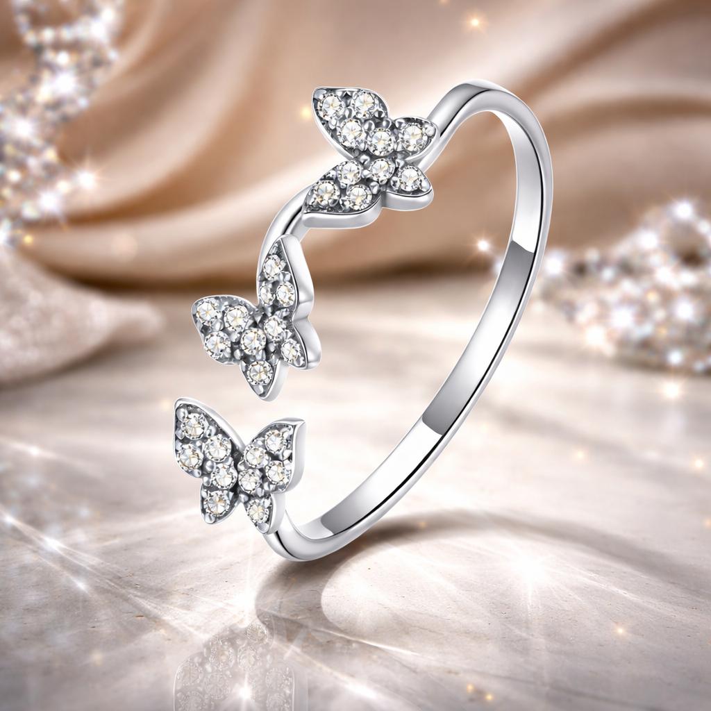 Anillo de mariposa oxidado de plata de ley 925 con pavé de circonitas cúbicas para mujer