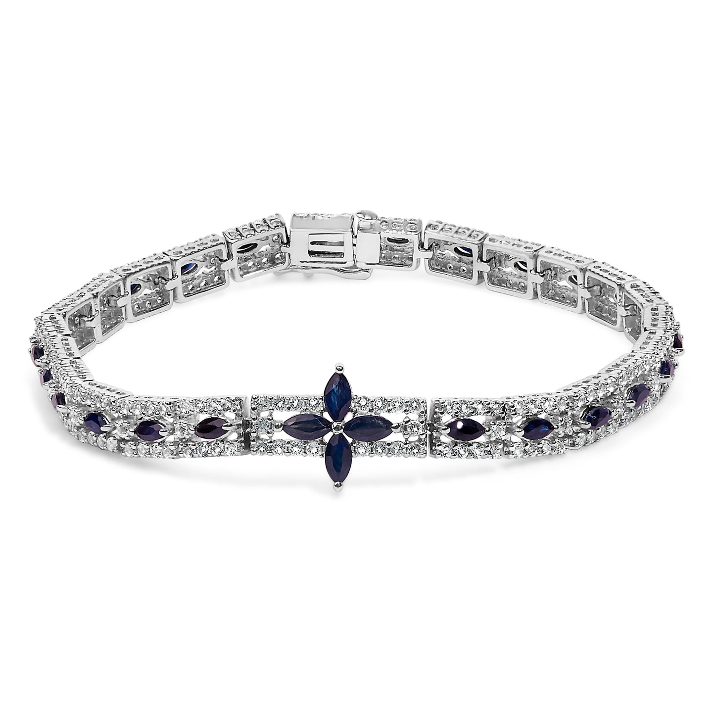 Pulsera Art Decó de Eslabones Florales Marquesa de Zafiro Azul Oscuro y Topacio de Plata Esterlina