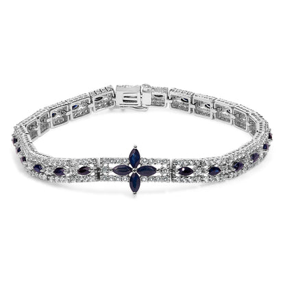 Pulsera Art Decó de Eslabones Florales Marquesa de Zafiro Azul Oscuro y Topacio de Plata Esterlina