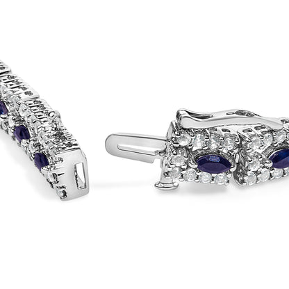 Pulsera Art Decó de Eslabones Florales Marquesa de Zafiro Azul Oscuro y Topacio de Plata Esterlina