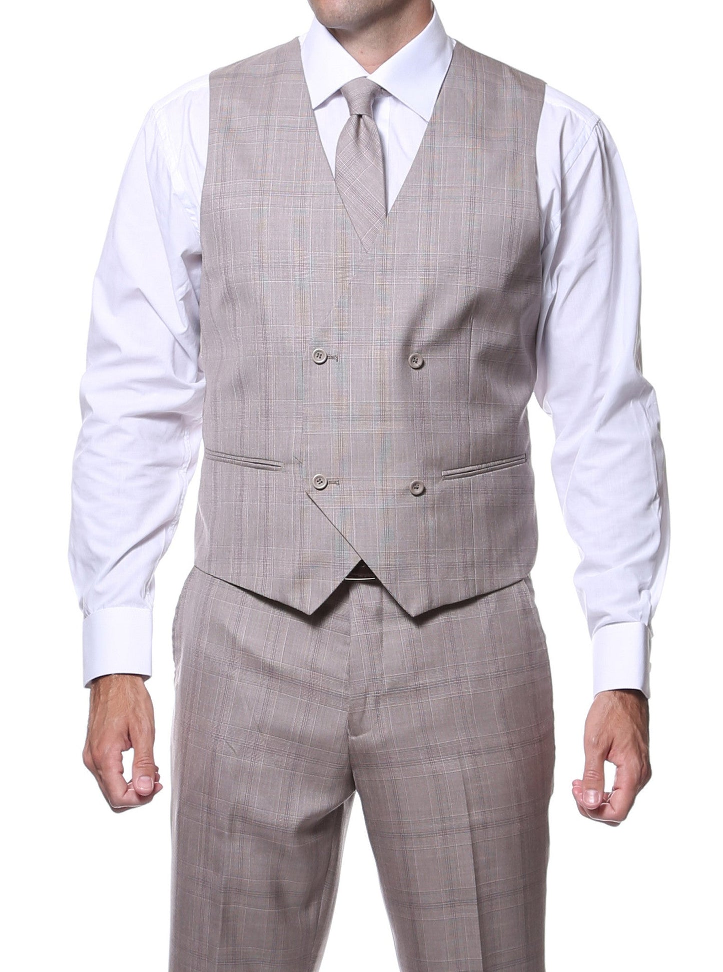 Zillo Sierra Tan 3pc Vested Slim Fit Plaid Suit