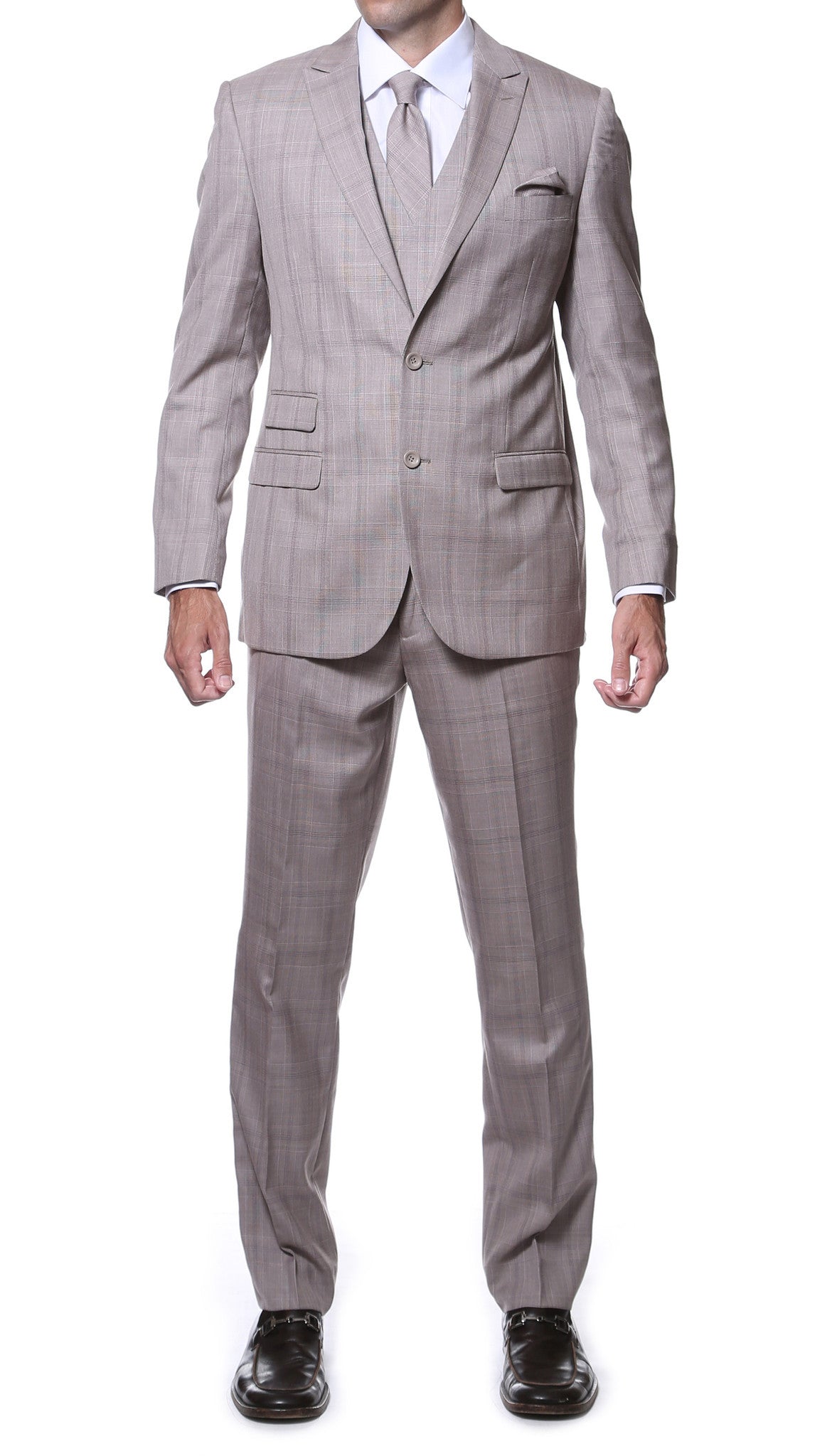 Zillo Sierra Tan 3pc Vested Slim Fit Plaid Suit