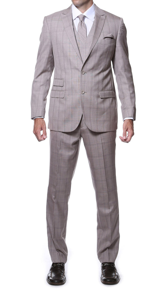 Zillo Sierra Tan 3pc Vested Slim Fit Plaid Suit
